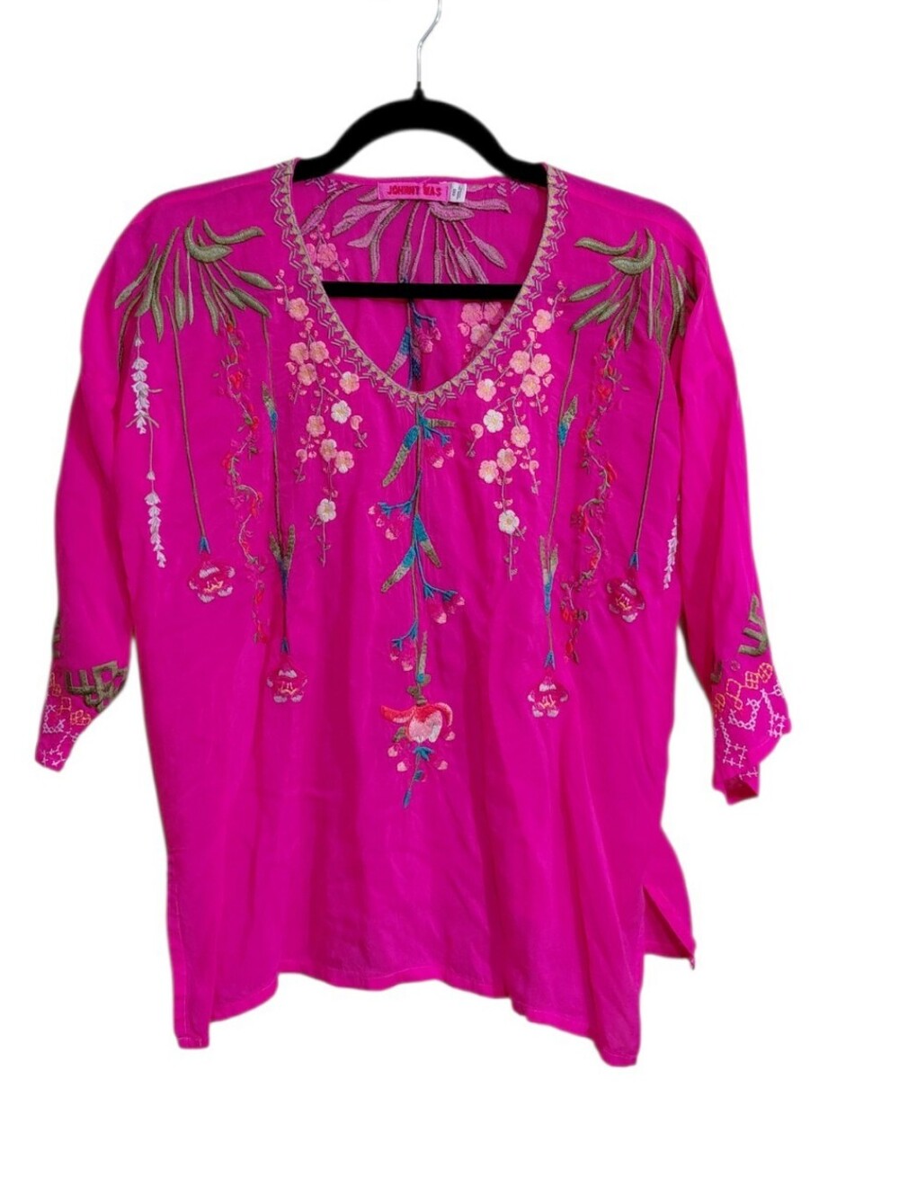 Johnny Was Magenta Embroidered V-Neck Tunic